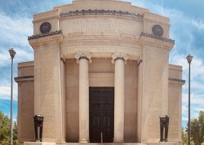 Front facade of Highlands Event Center of Denver, Classical Greek Revival landmark listed on the National Register of Historic Places